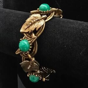 Vintage Peking Glass Leaf Bracelet Gold Tone Faux Seed Pearls Leaves